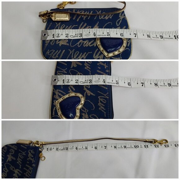 'COACH' 'POPPY' SIGNATURE SCRIPT LUREX JACQUARD WRISTLET NAVY BLUE/GOLD - Picture 12 of 15
